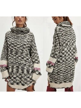 Pull&Bear Black & White Marled Turtleneck Sweater Dress with Pink Accents